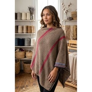 Vintage Alpaca Brown Striped Wool Knit Poncho Wrap Size L Southwestern Retro